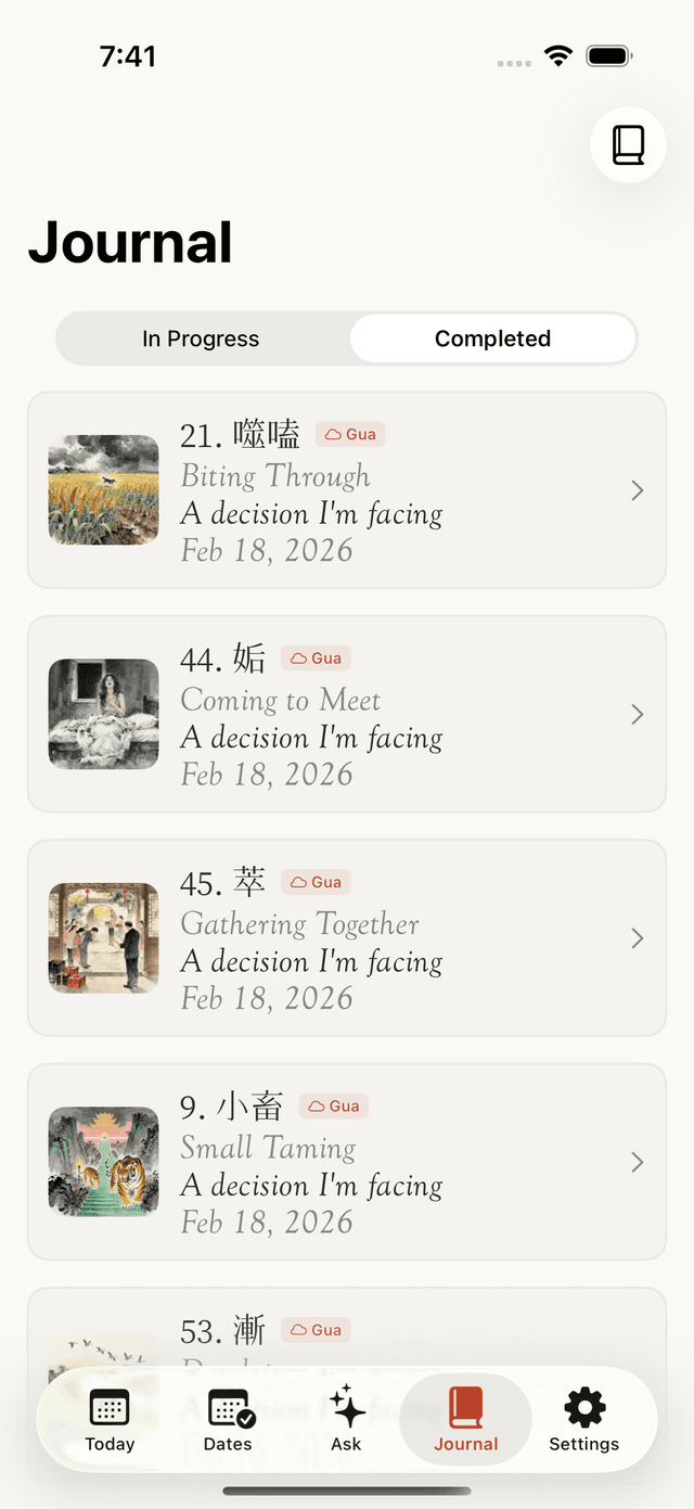 Journal of past readings with artwork thumbnails