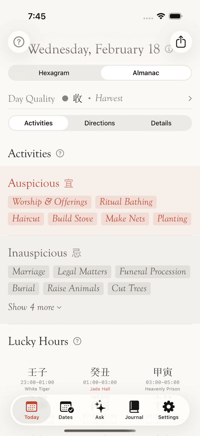 Auspicious and inauspicious activities with lucky hours